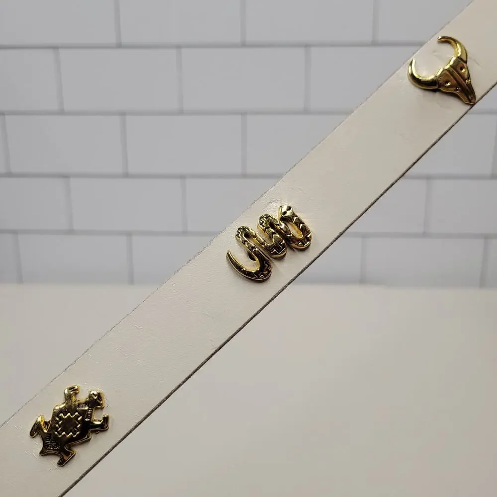 Vintage White Genuine Leather Southwestern Concho Belt M/L Gold Animal Studs